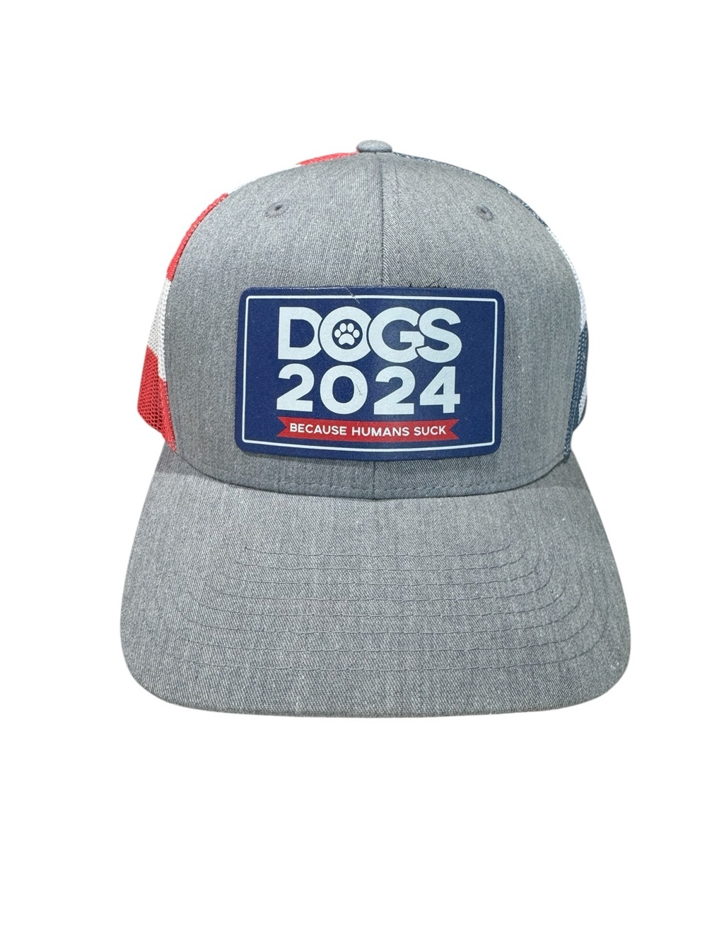 PAWZ "Dogs 2024 Because Humans Suck" Gray Trucker Hat Blue, Red & White Accents